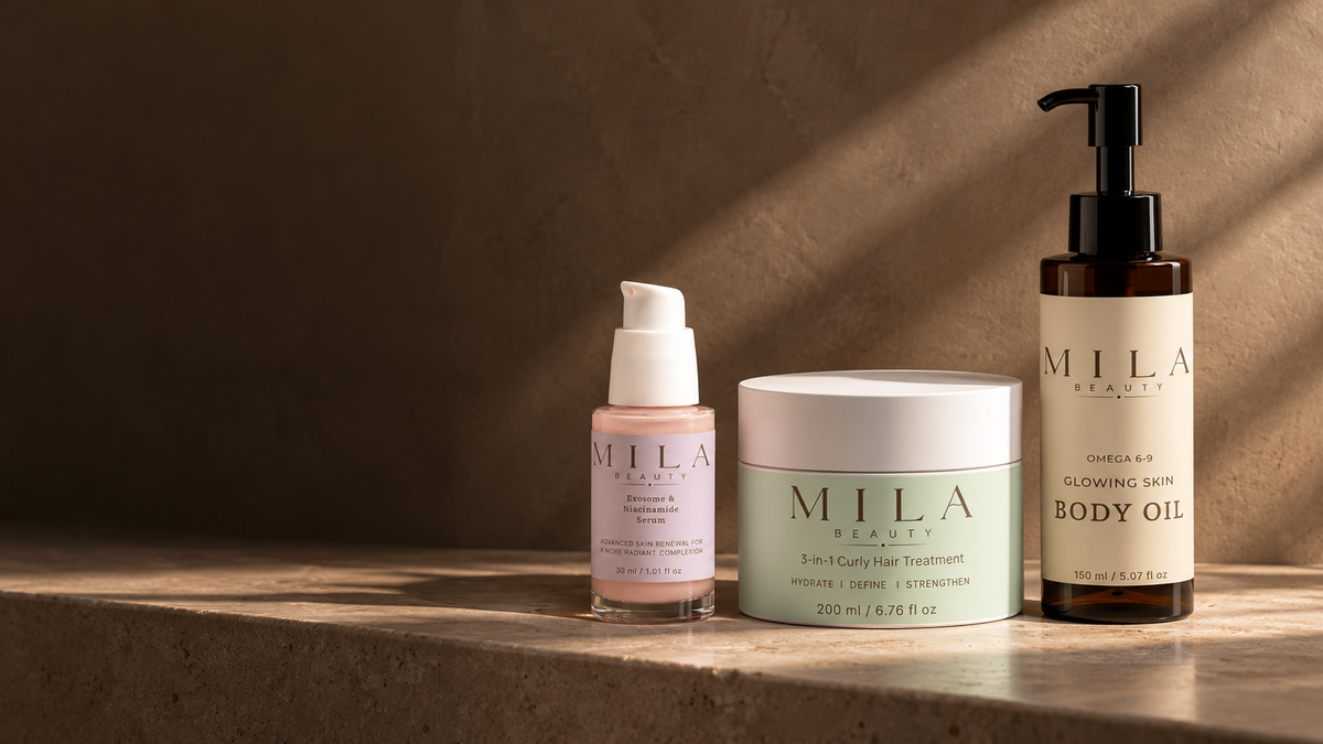 Mila Beauty serum, hårkur og kroppsolje i et varmt stilleben